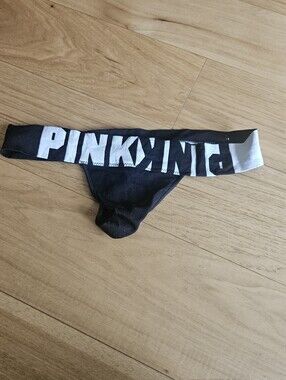 Pink Black Thong with White Branded Waistband